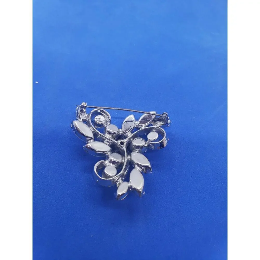 Vintage Milk Glass Rhinestone Brooch Pin White Navette Floral Swirl 1950s